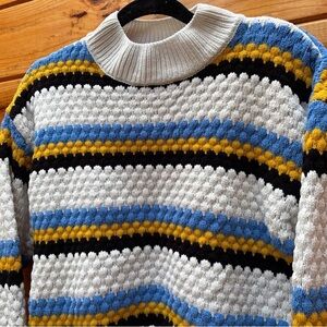 Textured Striped Knit Sweater in White, cornflower Blue, Yellow & Black